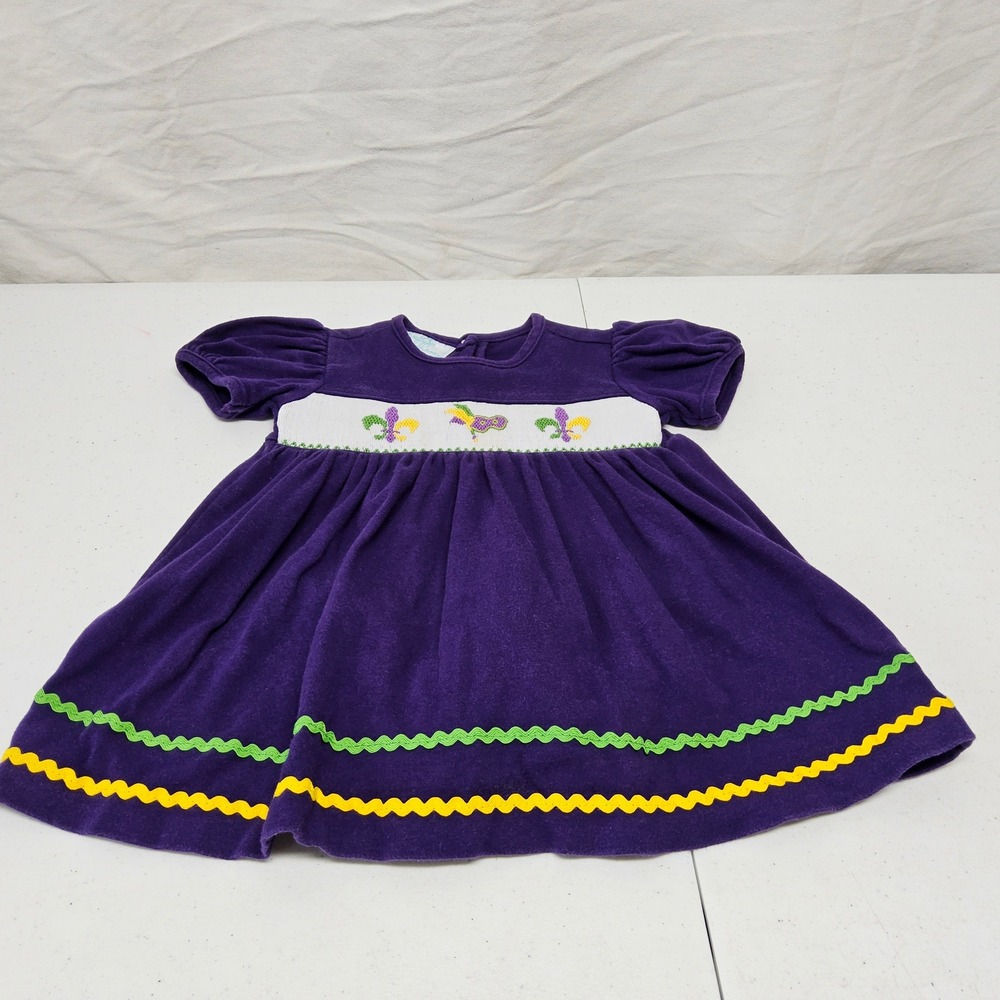 Firefly Lane Mardi Gras Dress Baby Girl 9M Purple Smocked Fleur-de-lis Rickrack - Picture 2 of 6